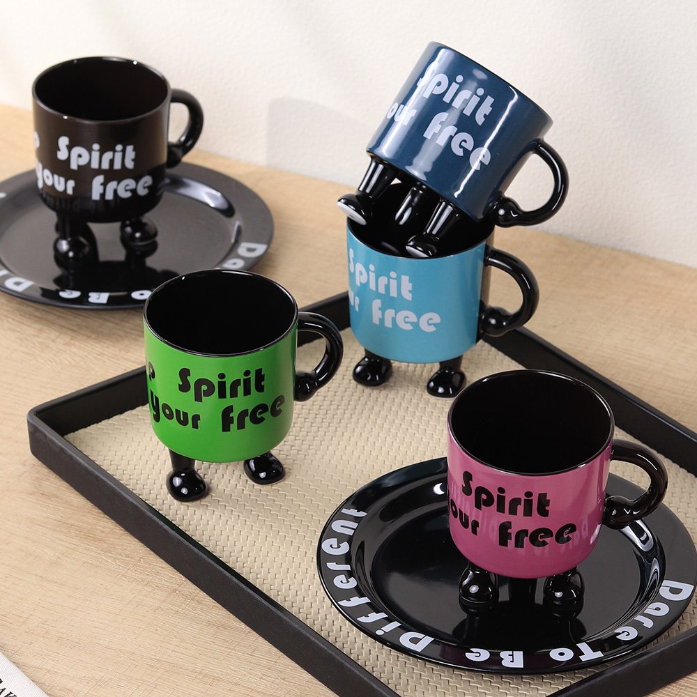 ENjoycepicks black ceramic cup and caucer set for house pottery gift